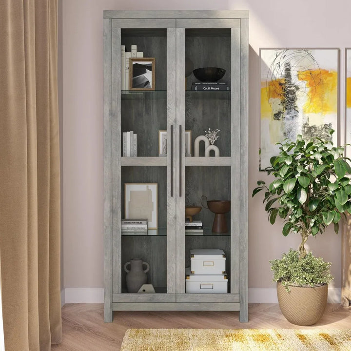 68" Height Curio Cabinet, Tall Glass Display Cabinet with Adjustable Shelves for Living Room, Trophy Display Case