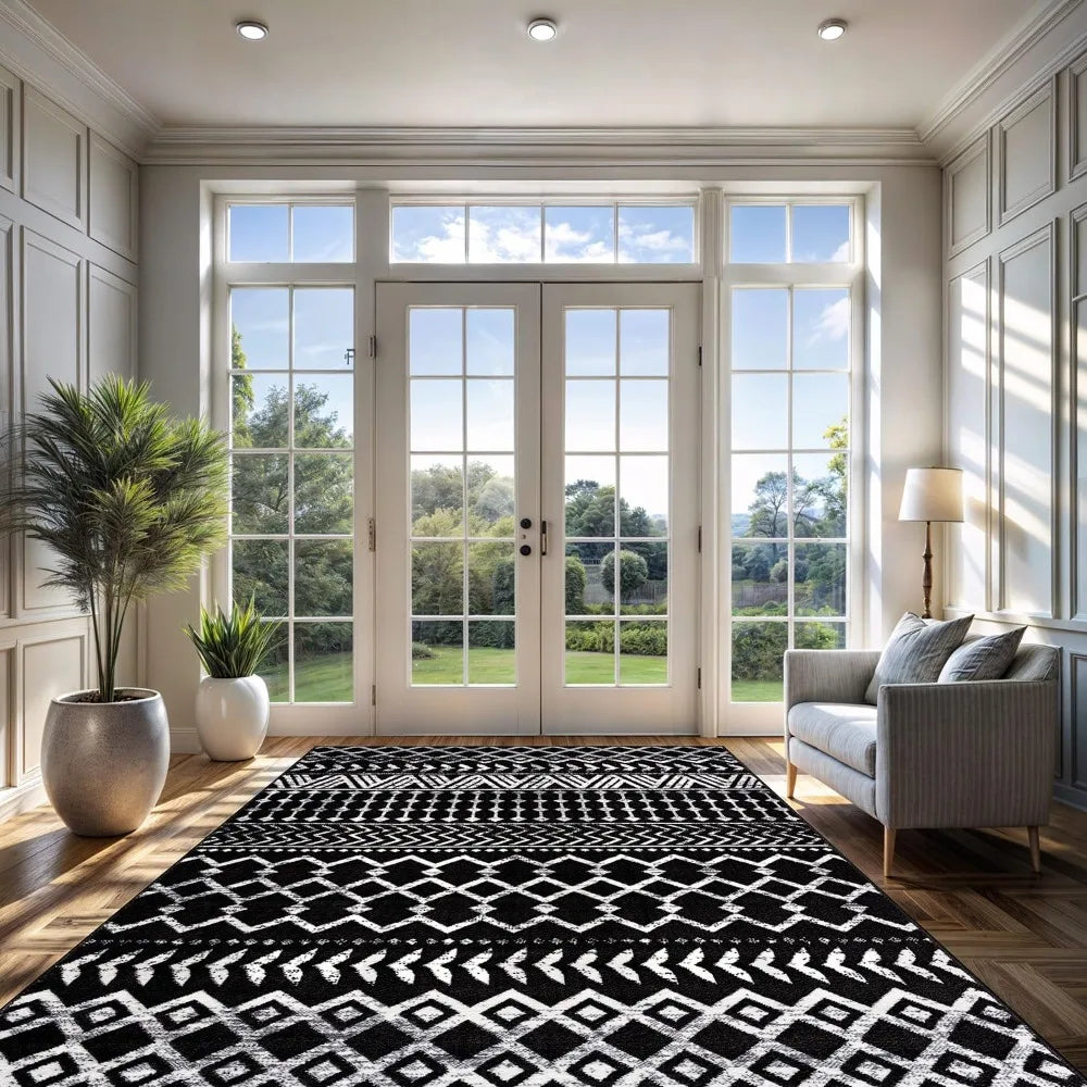 Boho Moroccan Black and White Rug Geometric Diamond 6x9 Area Rugs for Living Room Bedroom Kitchen Modern Bohemian Soft Stain Re