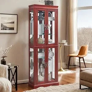 Lighted Glass Display Cabinet, 70" Curio Cabinet with Adjustable Glass Shelves Vintage,China Cabinet with 6 Shelves for Living R