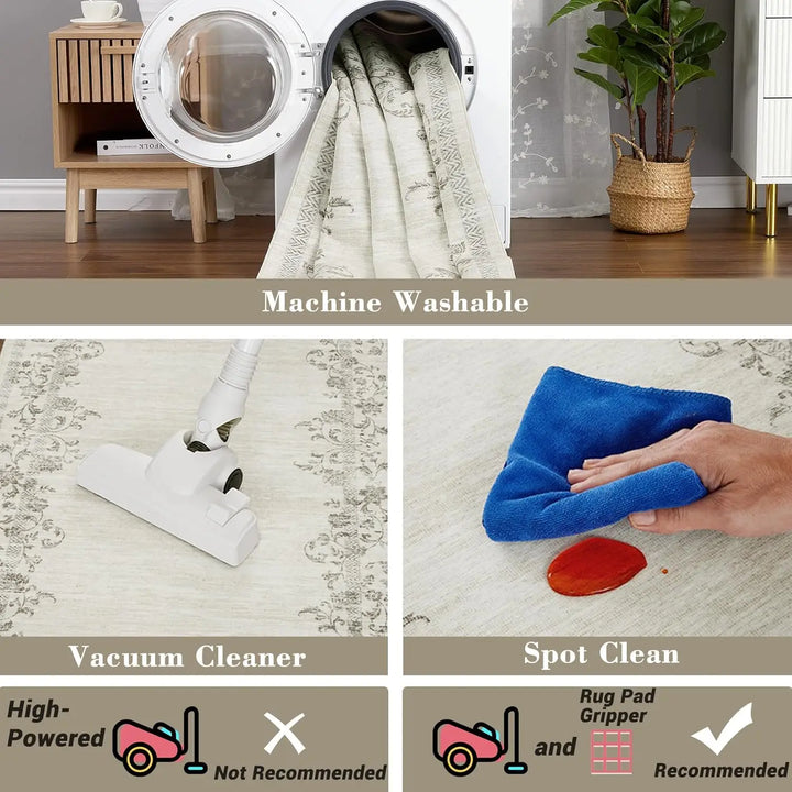 Washable Area Rug for Bedroom Farmhouse Rugs for Living Room Indoor Floral Bordered Large Rug Soft Carpet for Dining Room Office