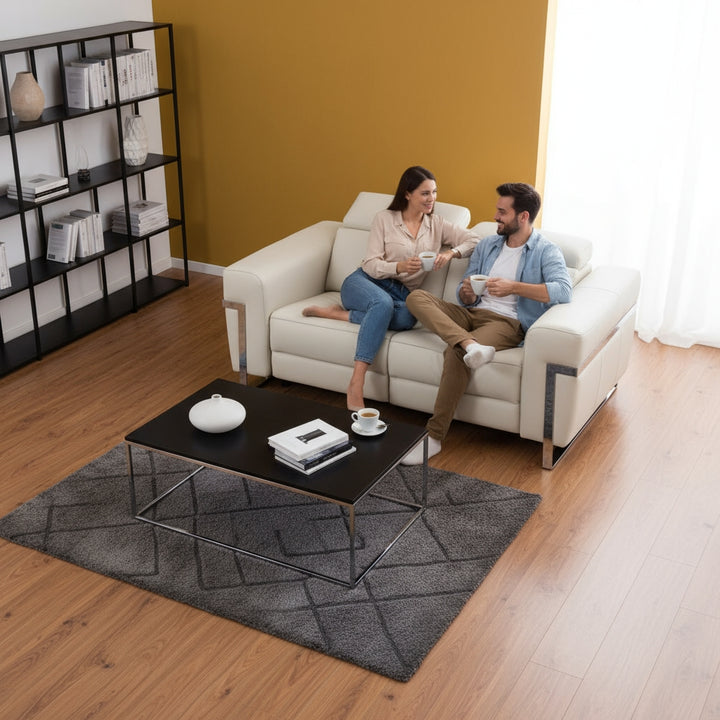 Beige Italian Leather Power Reclining Sofa and Loveseat Set - 5-Person Seating with Silver Metal Legs