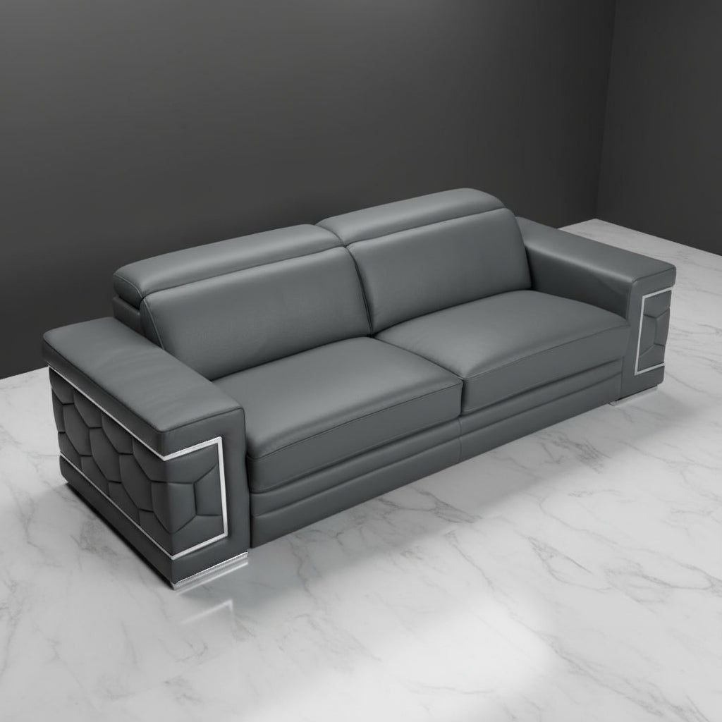 Dark Gray Italian Leather 5-Person Sofa and Loveseat Set with Coil Spring Construction