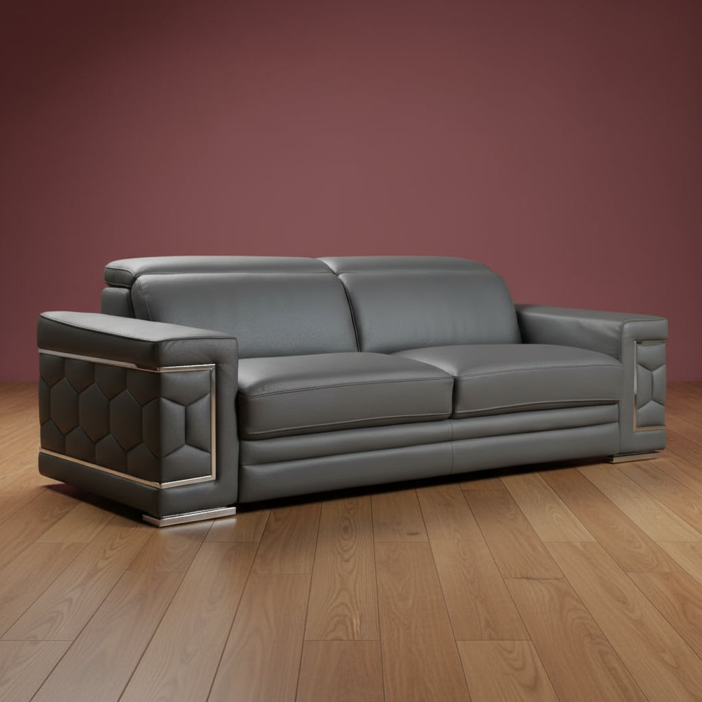 Dark Gray Italian Leather 5-Person Sofa and Loveseat Set with Coil Spring Construction