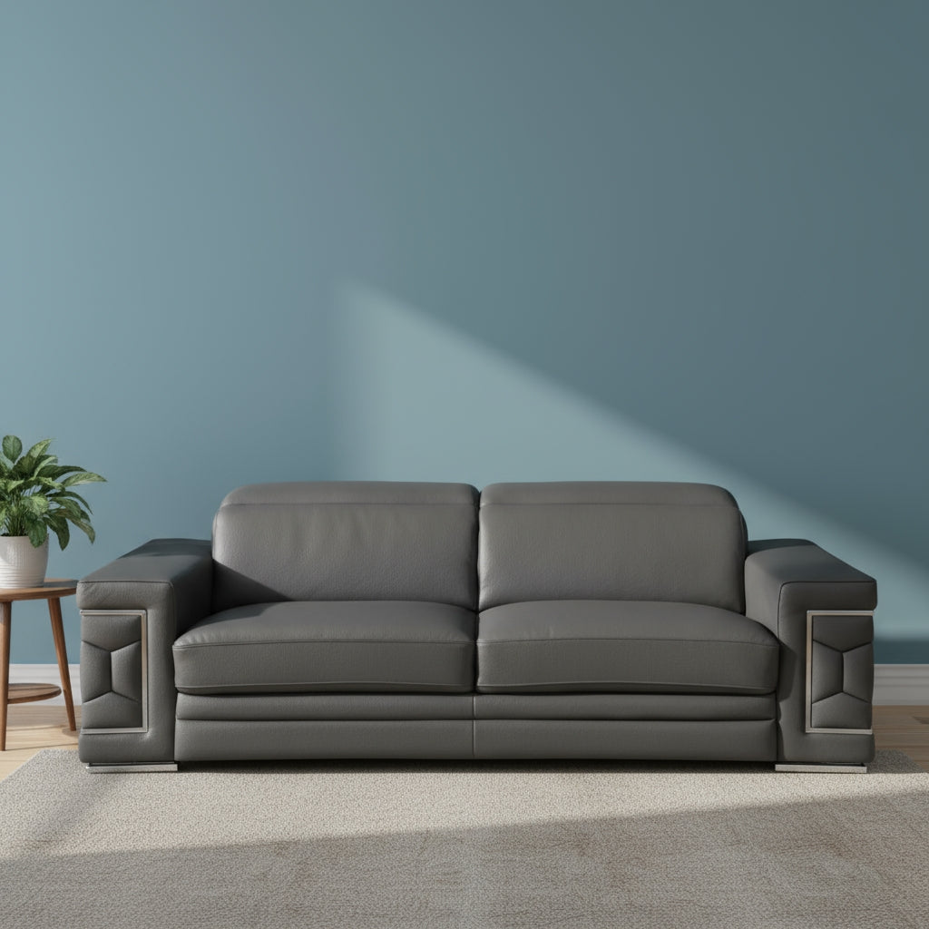 Dark Gray Italian Leather 5-Person Sofa and Loveseat Set with Coil Spring Construction