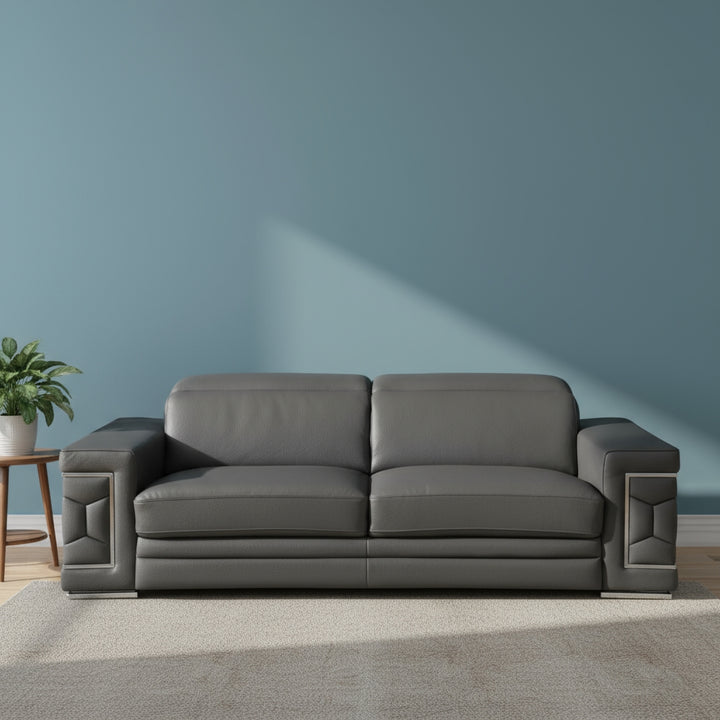 Dark Gray Italian Leather 5-Person Sofa and Loveseat Set with Coil Spring Construction