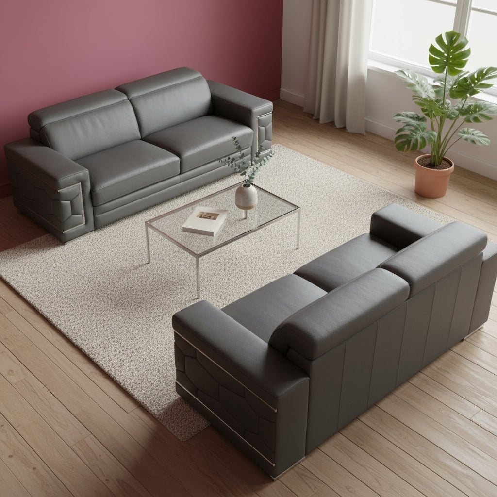 Dark Gray Italian Leather 5-Person Sofa and Loveseat Set with Coil Spring Construction