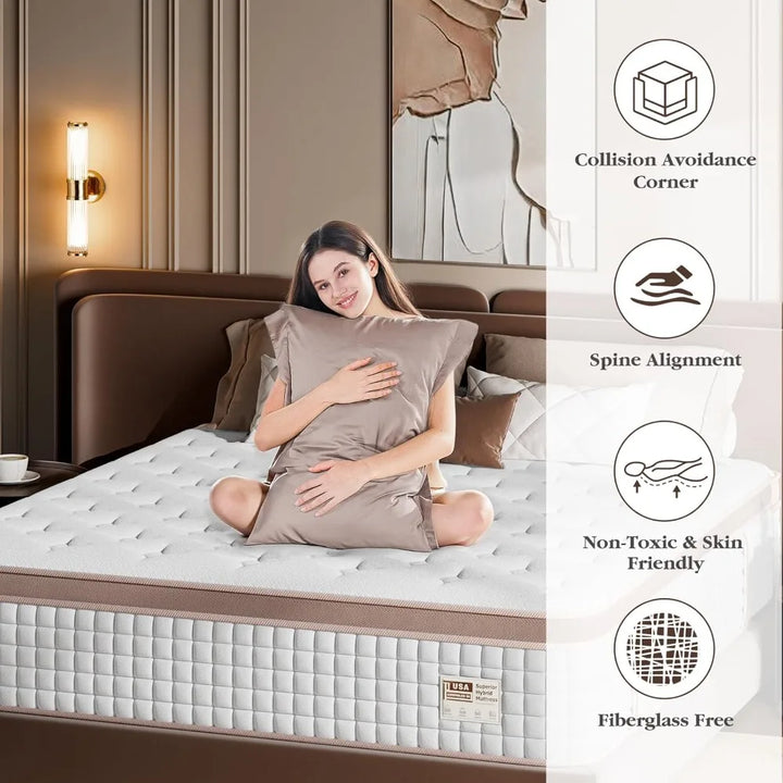 King Mattress 14 Inch - Medium Firm Hybrid Mattress In a Box for Back & Lumbar Support, 366 Night Trial, Individual Pocket Sprin