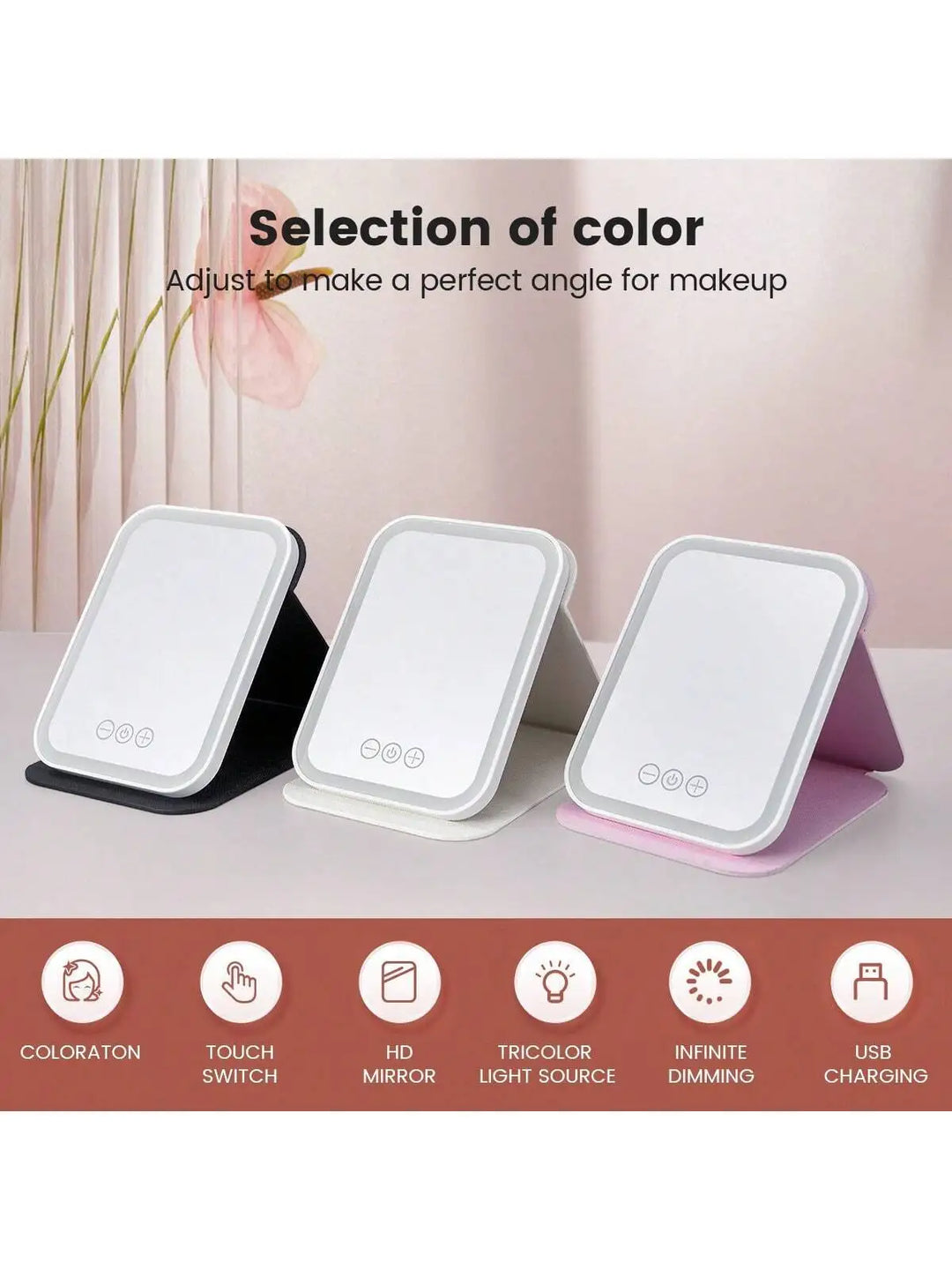LED Makeup Mirror Portable Travel Lighted Beauty Mirror, 3 Color Lighting, Dimmable Touch Screen, Rechargeable Tabletop LED Fold