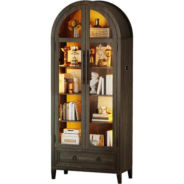Tall Arched Display Cabinet with Lights, 71" Bookcase with Adjustable Shelves, Modern Storage Organizers with Glass Door, Kitch