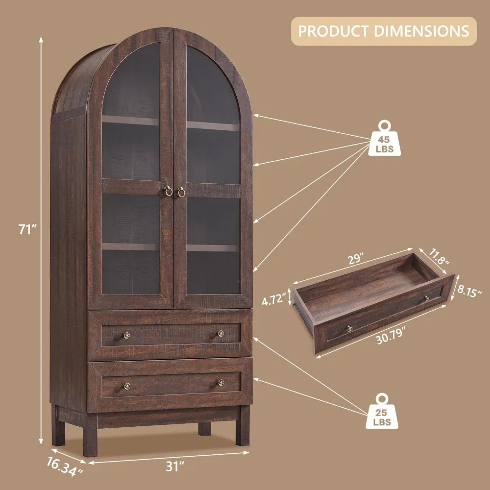 71" Tall Arched Bathroom Storage Cabinet, 4-Tier cabinet w/2 Large Drawers &Adjustable Shelves, Wooden bathroom Floor cabinets