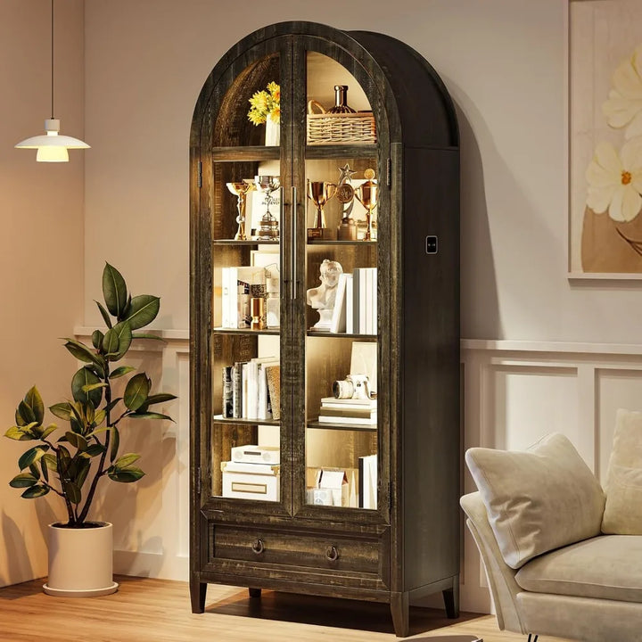 Tall Arched Display Cabinet with Lights, 71" Bookcase with Adjustable Shelves, Modern Storage Organizers with Glass Door, Kitch