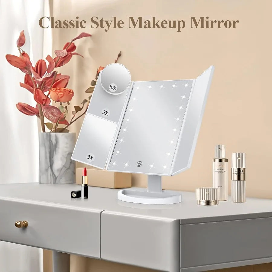 Makeup Mirror Vanity Mirror with Lights 2X 3X 10X Magnification Touch Control Trifold White 9.4L x 13.4W Modern Style Dresser M