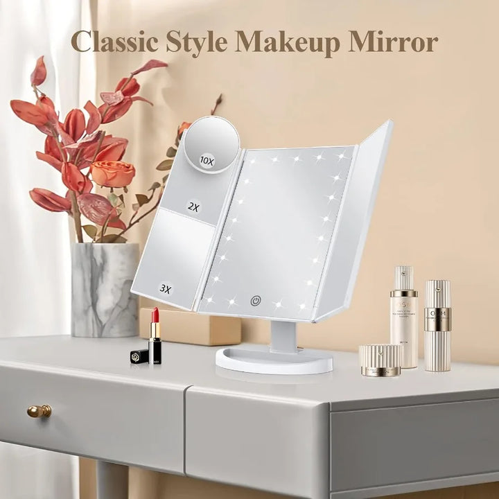 Makeup Mirror Vanity Mirror with Lights 2X 3X 10X Magnification Touch Control Trifold White 9.4L x 13.4W Modern Style Dresser M