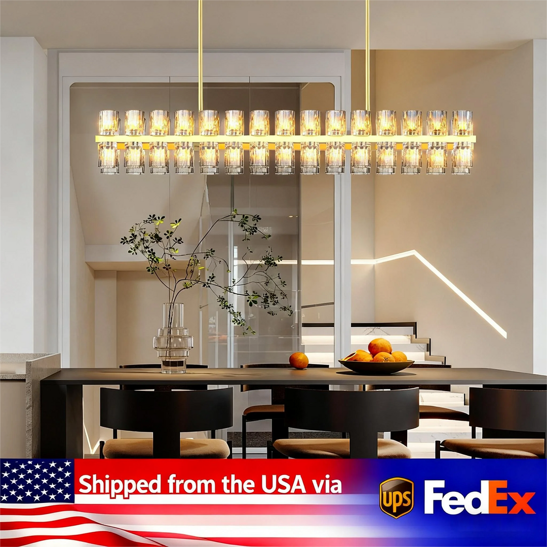 Crystal Gold Rectangular Chandelier for Dining Room, 54in Dining Room Chandelier over Table, Modern Chandelier