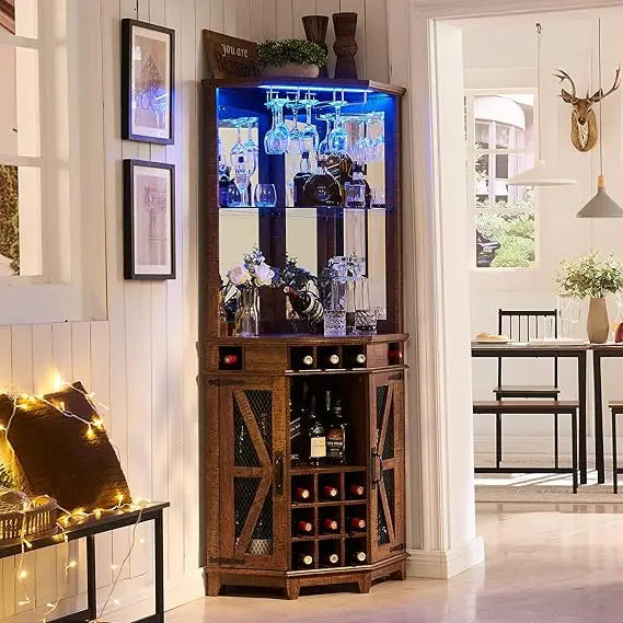 corner bar storage cabinet, 72" tall farmhouse wine cabinet w/barn door & adjustable shelf, home bar w/led light & glass rack f