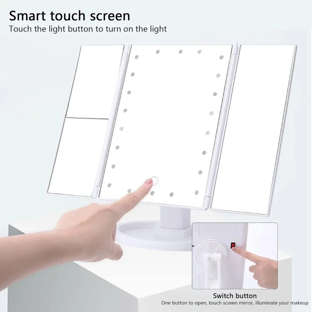 LED Vanity Makeup Mirror with Touch Control, Adjustable Lighting 1X, 2X, 3X Magnification, Trifold Design Ideal Gift for Women