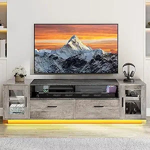 TV Stands for Living Room, Farmhouse TV Stand for 65/70 inch TV, LED TV Entertainment Center with Storage & Power Outlets, TV C