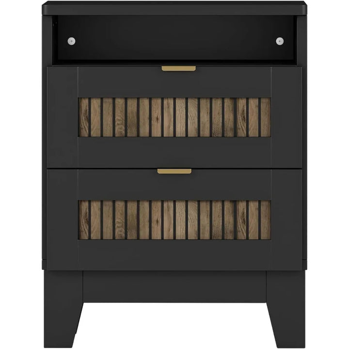 4 Piece Queen Bedroom Set, Queen Size Platform Bed with Wooden Strip Stickers Decoration, 2 Nightstands and Dresser, 4 Piece Fa