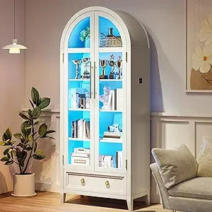 Tall Arched Display Cabinet with Lights, 71" Bookcase with Adjustable Shelves, Modern Storage Organizers with Glass Door, Kitch