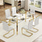 Modern Dining Table Set for 6,Glass Kitchen Table and Chairs,71''Gold Dining Room Table &Generous Legroom with 6 White Leather