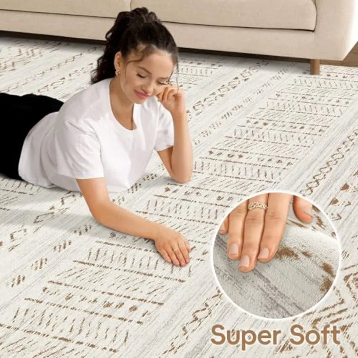 Large Living Room Area Rug 9x12: Soft Machine Washable Boho Moroccan Farmhouse Rugs for Bedroom Under Dining Table NonSlip Neut