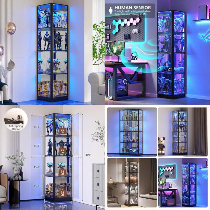Illuminated Glass Door Display Cabinet, 68 Corner Curio Cabinet with 4-Tier Glass Shelves for Collectibles, Toys, and Books