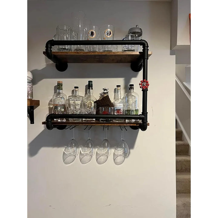 Wall-Mounted 2-Tier Mini Bar Shelf with Glass Holder for Small Liquor Storage, Industrial Rustic Style