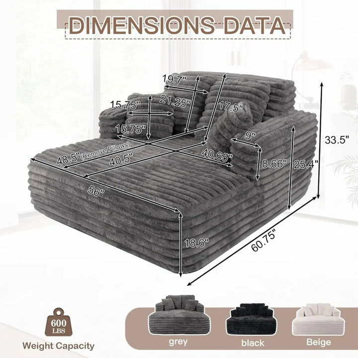 56"W Oversized Chaise Lounge Chair Indoor,Plush Faux Fur Sleeper Sofa Couch Bed with Pillows&Wide Armrest,Fluffy Comfy Cloud Sof