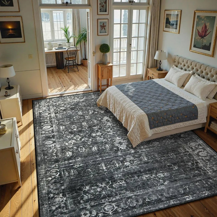 Area Rugs 9x12 Living Room Soft Large Rugs for Bedroom, Boho Black Dining Room Rug, Distressed Non Slip Low Pile Carpet for Ind
