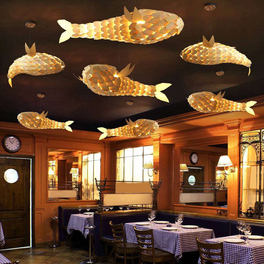 23.6'' Modern LED Fish-Shaped Pendant Light, Adjustable Height Chandelier with Metal Frame Artistic Hanging Lamp for Dining Room