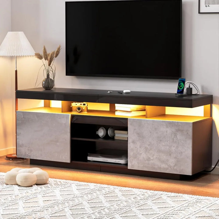 LED TV Stand for 70/65/60/55 inch TV Entertainment Center with Power Outlets, Gaming TV Consoles with Storage Media Table