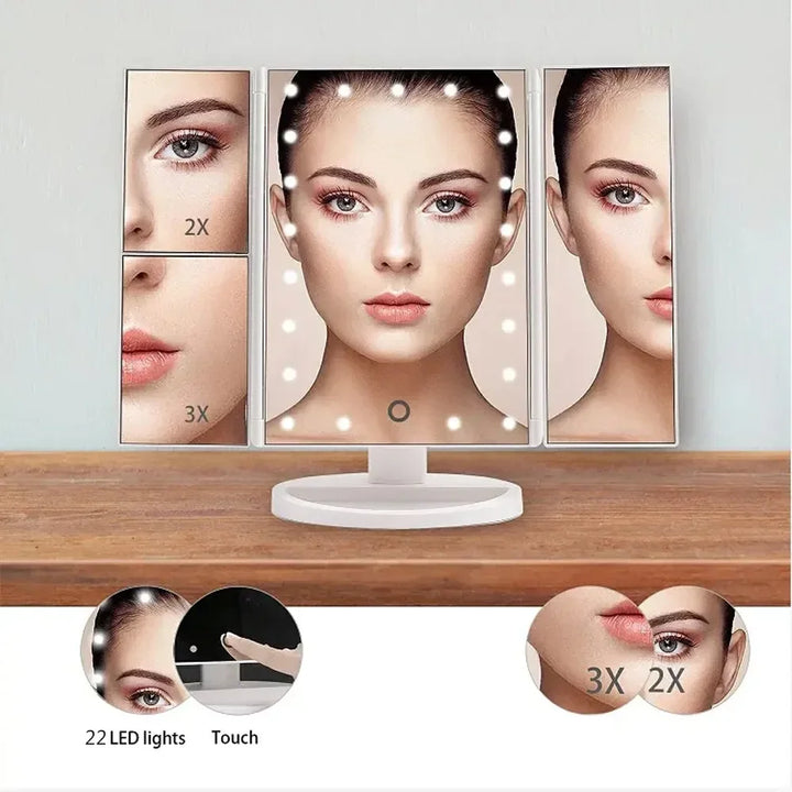 LED Vanity Makeup Mirror with Touch Control, Adjustable Lighting 1X, 2X, 3X Magnification, Trifold Design Ideal Gift for Women