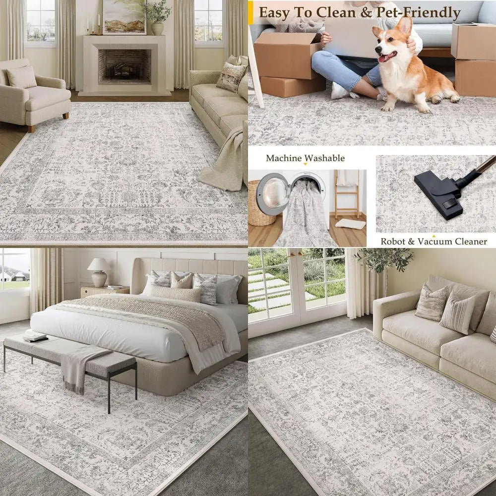 Vintage-Style 6x9 Area Rug, Machine Washable, Distressed Look, Non-Slip, Grey Floral Pattern for Living Room and Bedroom