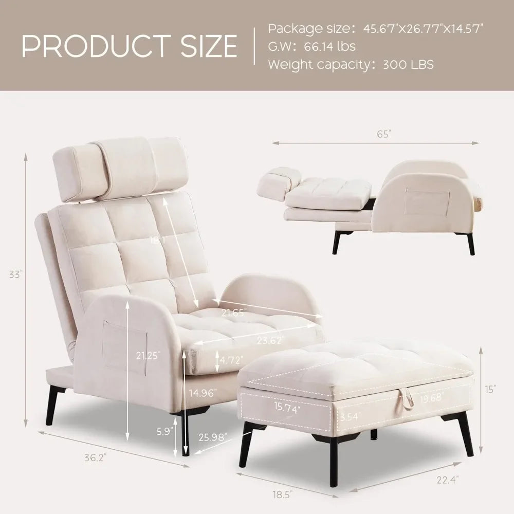 Accent Chair with Ottoman, Comfy Reading Chair and Ottoman Set, Modern Velvet Lounge Armchair with Storage and Adjustable Backre