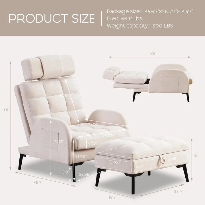 Accent Chair with Ottoman, Comfy Reading Chair and Ottoman Set, Modern Velvet Lounge Armchair with Storage and Adjustable Backre