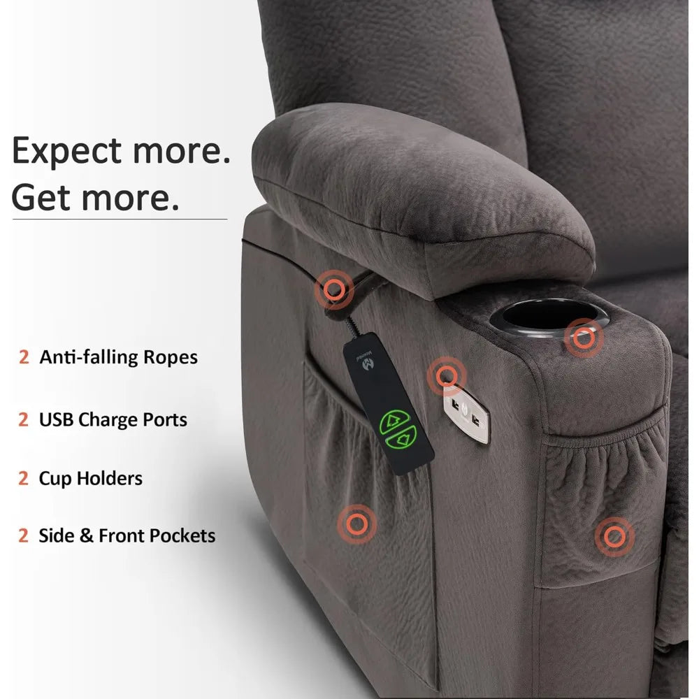 elderly-friendly power lift recliner sofa with extended footrest, 3 recline positions, handheld remote, 2 cup holders, and usb c