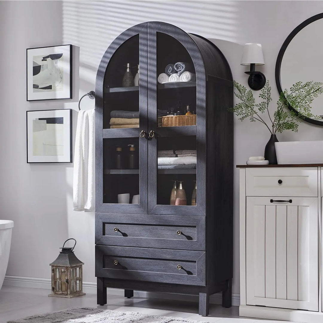 71" Tall Arched Bathroom Storage Cabinet, 4-Tier cabinet w/2 Large Drawers &Adjustable Shelves, Wooden bathroom Floor cabinets