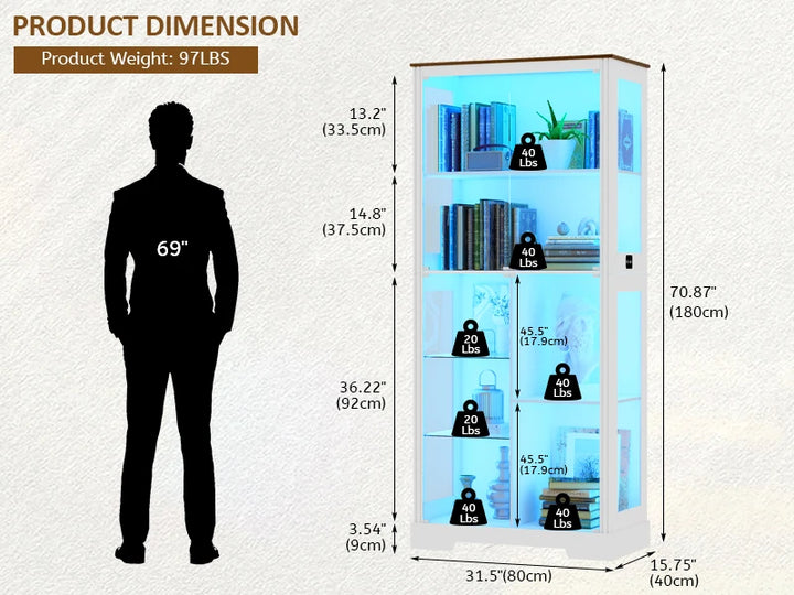 71” Display Cabinet with Glass Doors, Modern Curio Cabinet with 3 Color Lights, 7-Tiers Glass Display Cases for Collectibles,