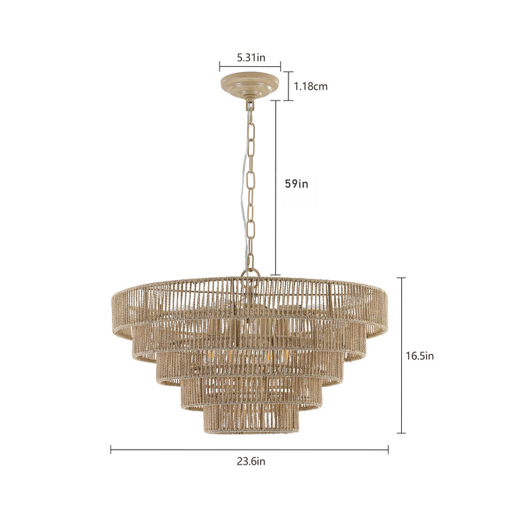 Bohemian style Woven Pendant Light 23.6 Inch Rattan Ligh Large Rattan Pendant Light with 5-Tier Rattan Chandelier