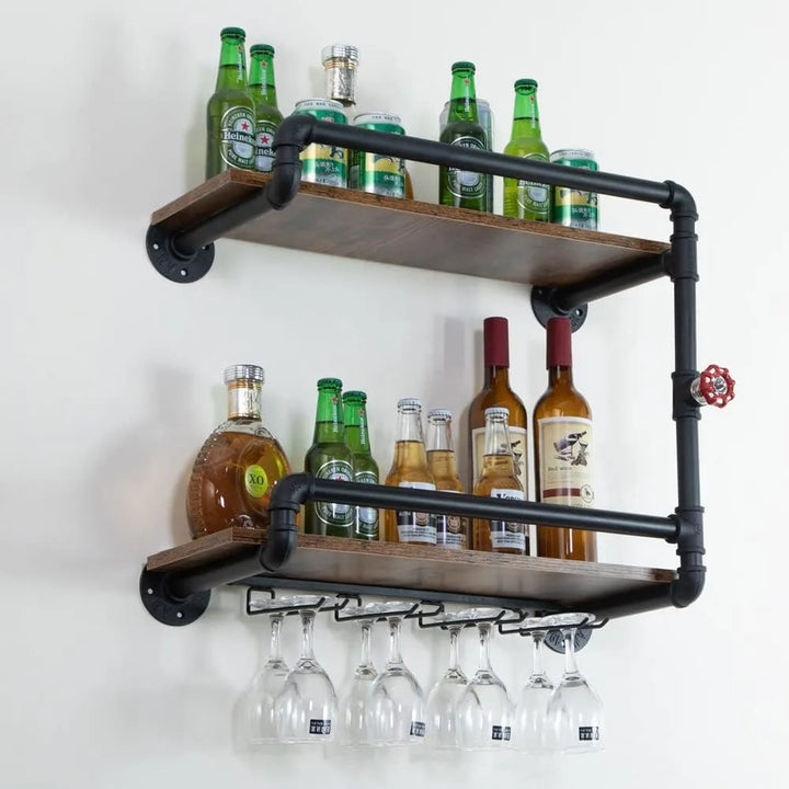 Wall-Mounted 2-Tier Mini Bar Shelf with Glass Holder for Small Liquor Storage, Industrial Rustic Style