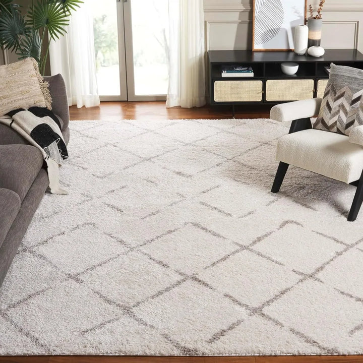 Arizona Shag Collection Area Rug - 9' x 12', Ivory & Beige, Moroccan Diamond Design, Non-Shedding & Easy Care, 1.6-inch Thick I