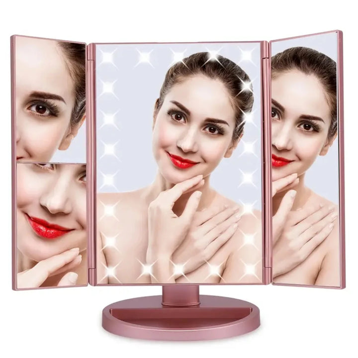 Portable Tri-fold Lighted Vanity Makeup Mirror with 3x/2x/1x Magnification, Bright LEDs Light and Easy-to-Use Touch Screen Techn