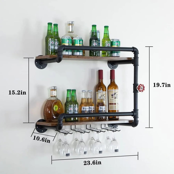 Wall-Mounted 2-Tier Mini Bar Shelf with Glass Holder for Small Liquor Storage, Industrial Rustic Style