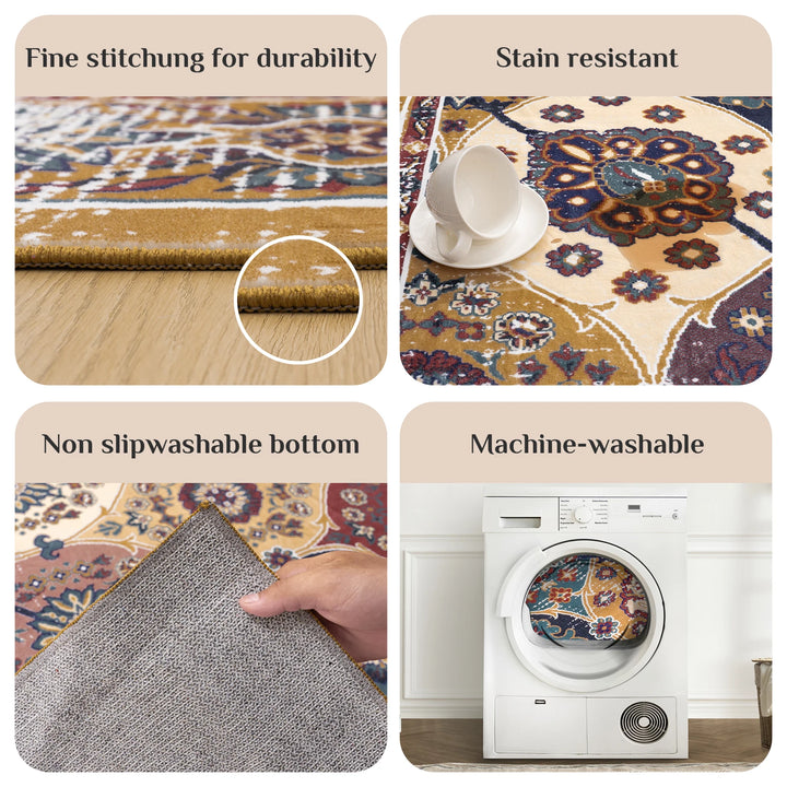Washable Vintage Medallion Small Rug with Non-Slip BackingSoft and Stain ResistantNon-SheddingLow Plush Floor Rug Pad