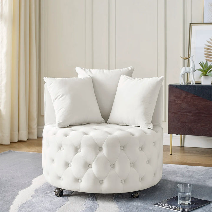 Velvet Upholstered Swivel Chair for Living Room, with Button Tufted Design and Movable Wheels, Including 3 Pillows, Black