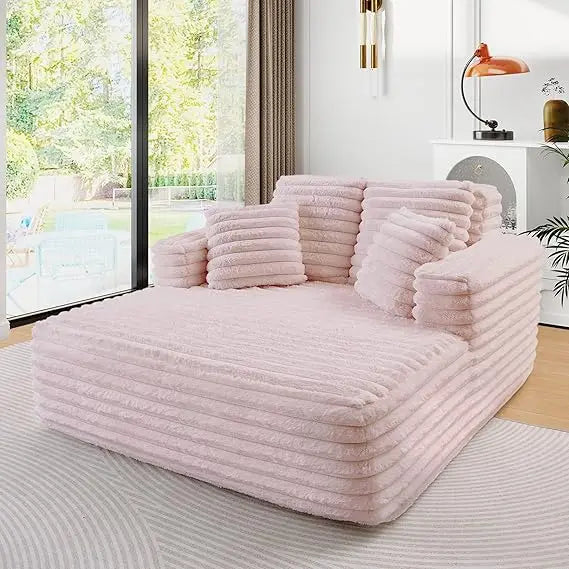 56"W Oversized Chaise Lounge Chair Indoor,Plush Faux Fur Sleeper Sofa Couch Bed with Pillows&Wide Armrest,Fluffy Comfy Cloud Sof