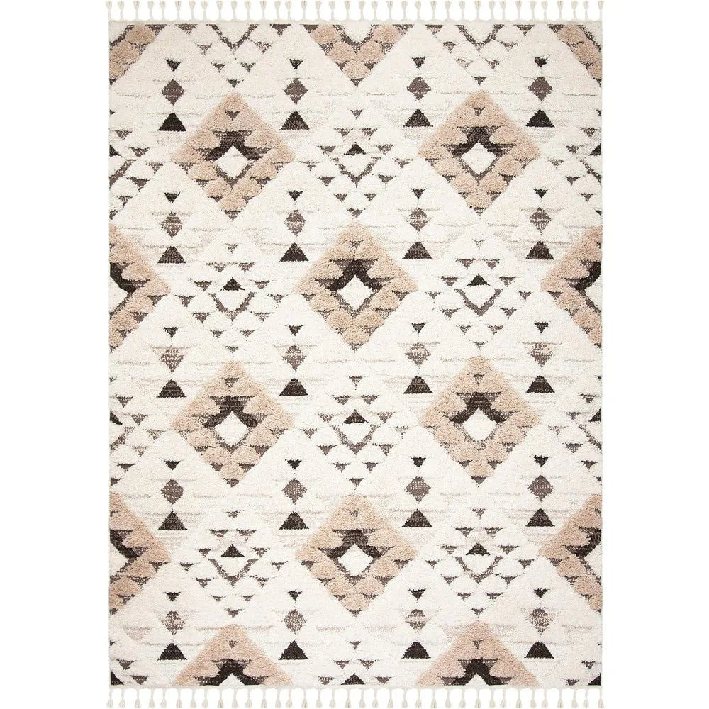 High quality - Area Rug 8x10,Moroccan Tassel Shag Collection,Large,Ivory & Brown, Boho Design, Non-Shedding & Easy Cleaning