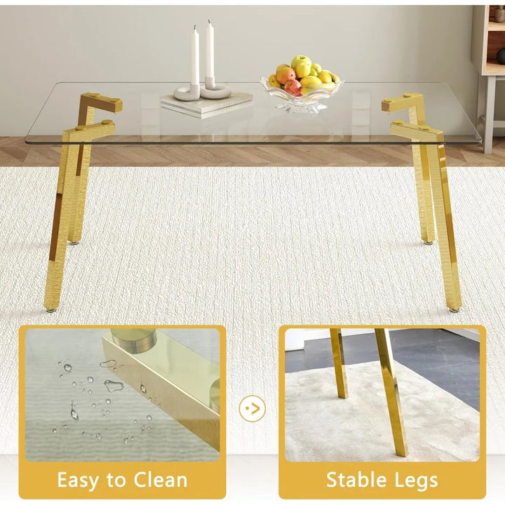 Modern Dining Table Set for 6,Glass Kitchen Table and Chairs,71''Gold Dining Room Table &Generous Legroom with 6 White Leather