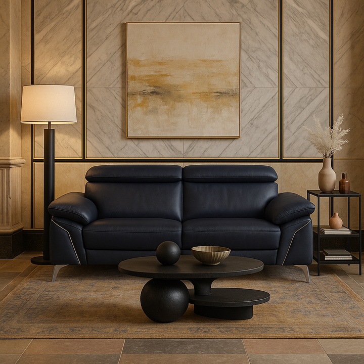 Navy Blue Italian Leather Sofa and Loveseat Set with Coil Spring Construction
