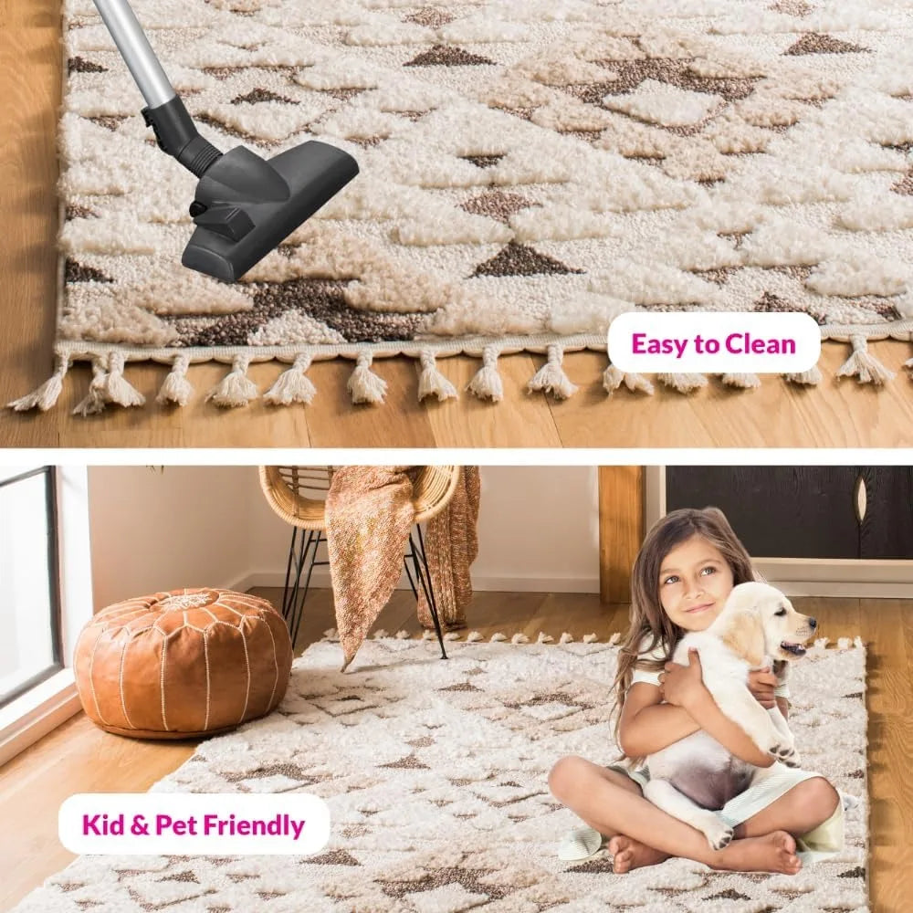 High quality - Area Rug 8x10,Moroccan Tassel Shag Collection,Large,Ivory & Brown, Boho Design, Non-Shedding & Easy Cleaning